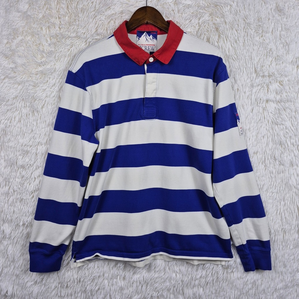 J.Crew US Ski & Snowboard Rugby Shirt Blue White Stripe Red Collar CQ461 Mens M